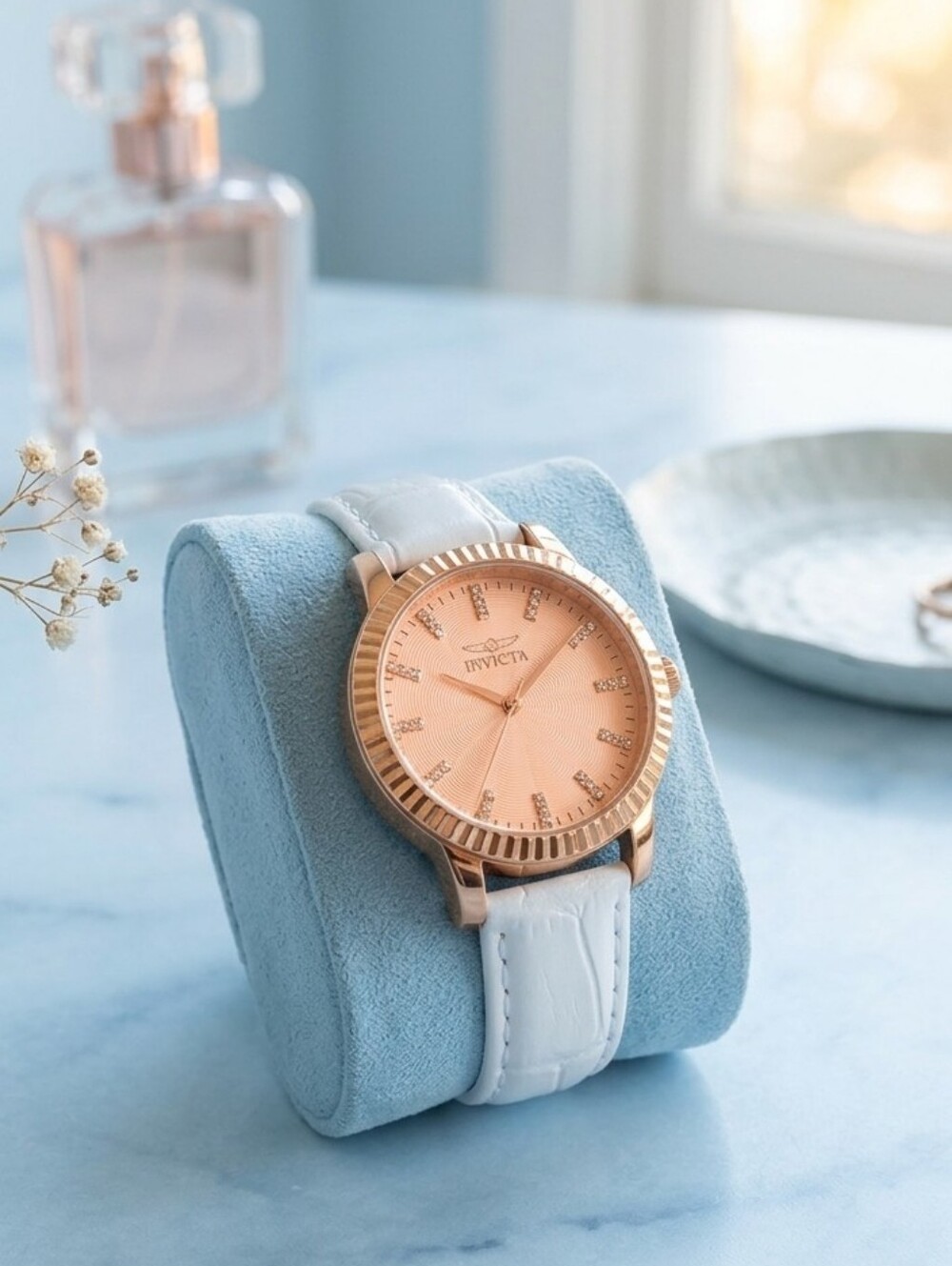 Invicta Rose Gold Dial Watch with White Strap